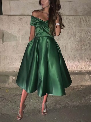 A-line Off-the-shoulder Satin Tea-length Homecoming Dresses With Pockets #Favs020111122 A-line Off-the-shoulder Satin Tea-length Homecoming Dresses With Pockets #Favs020111122