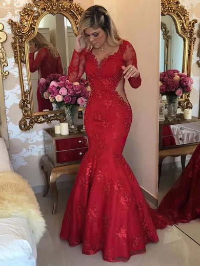 Trumpet/Mermaid V-neck Tulle Sweep Train Appliques Lace Prom Dresses #Favs020103463