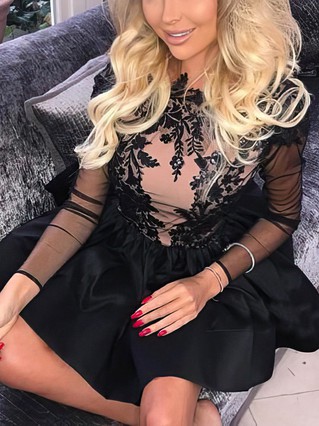 A-line Scoop Neck Satin Short/Mini Homecoming Dresses With Lace #Favs020111150 A-line Scoop Neck Satin Short/Mini Homecoming Dresses With Lace #Favs020111150