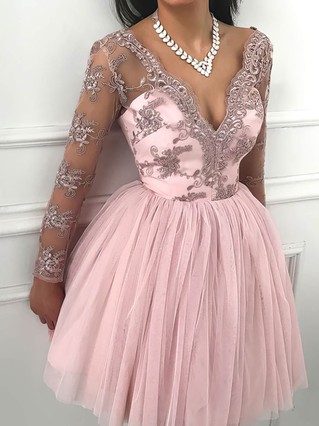 A-line V-neck Lace Tulle Short/Mini Homecoming Dresses With Appliques Lace #Favs020111173 A-line V-neck Lace Tulle Short/Mini Homecoming Dresses With Appliques Lace #Favs020111173