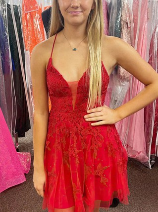 A-line V-neck Tulle Lace Short/Mini Homecoming Dresses With Appliques Lace #Favs020111174 A-line V-neck Tulle Lace Short/Mini Homecoming Dresses With Appliques Lace #Favs020111174