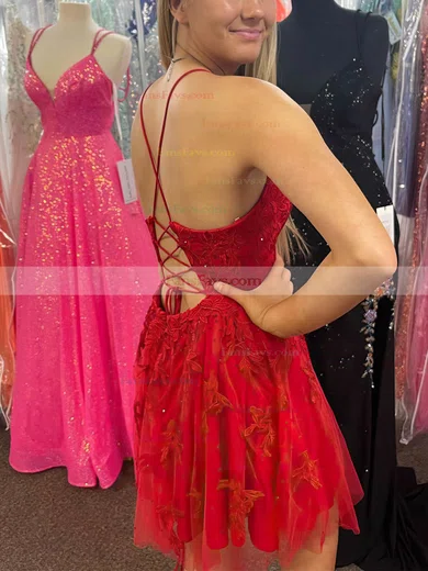 A-line V-neck Tulle Lace Short/Mini Homecoming Dresses With Appliques Lace #Favs020111174