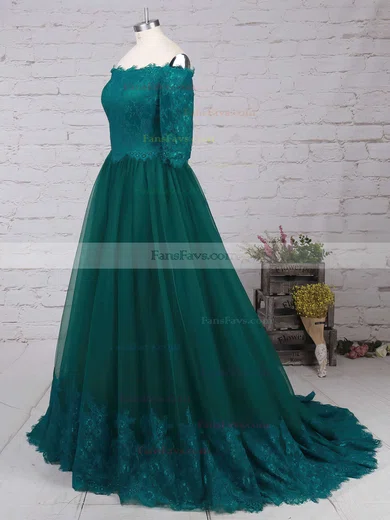 A-line Off-the-shoulder Lace Tulle Floor-length Appliques Lace Prom Dresses #Favs020104467