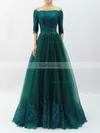A-line Off-the-shoulder Lace Tulle Floor-length Appliques Lace Prom Dresses #Favs020104467