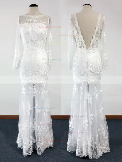 Trumpet/Mermaid Scalloped Neck Tulle Floor-length Appliques Lace Prom Dresses #Favs02015408