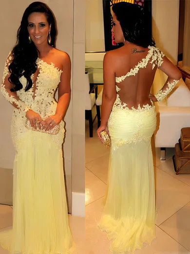 Trumpet/Mermaid One Shoulder Chiffon Sweep Train Appliques Lace Prom Dresses #Favs02016068