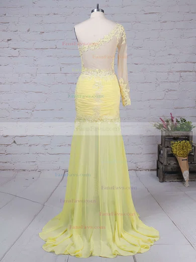 Trumpet/Mermaid One Shoulder Chiffon Sweep Train Appliques Lace Prom Dresses #Favs02016068
