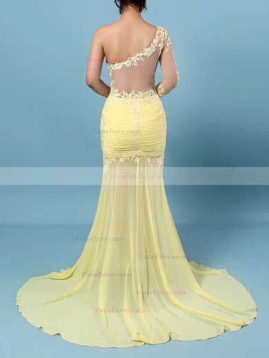Trumpet/Mermaid One Shoulder Chiffon Sweep Train Appliques Lace Prom Dresses #Favs02016068