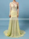 Trumpet/Mermaid One Shoulder Chiffon Sweep Train Appliques Lace Prom Dresses #Favs02016068
