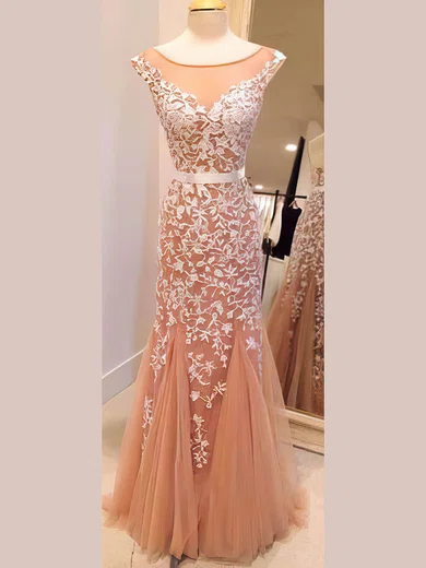 Trumpet/Mermaid Scoop Neck Tulle Floor-length Appliques Lace Prom Dresses #Favs02016778