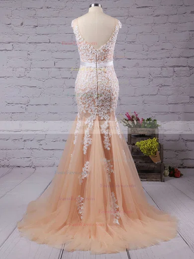 Trumpet/Mermaid Scoop Neck Tulle Floor-length Appliques Lace Prom Dresses #Favs02016778