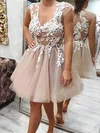 A-line V-neck Lace Tulle Knee-length Homecoming Dresses With Appliques Lace #Favs020111236