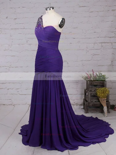 Trumpet/Mermaid One Shoulder Chiffon Sweep Train Beading Prom Dresses #Favs020101289