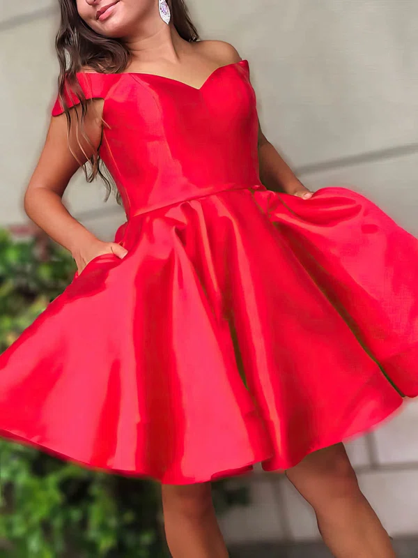 A-line Off-the-shoulder Satin Knee-length Homecoming Dresses With Pockets #Favs020111251