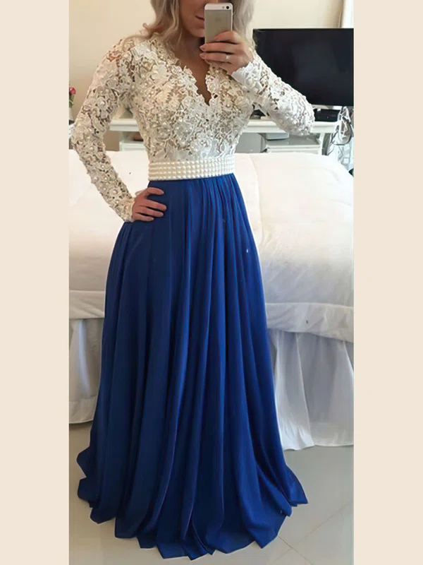 A-line V-neck Lace Chiffon Floor-length Pearl Detailing Prom Dresses #Favs020101388