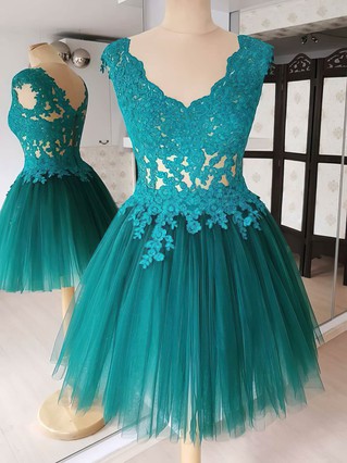 A-line V-neck Tulle Short/Mini Homecoming Dresses With Appliques Lace #Favs020111262 A-line V-neck Tulle Short/Mini Homecoming Dresses With Appliques Lace #Favs020111262