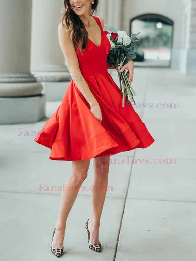A-line V-neck Satin Knee-length Homecoming Dresses #Favs020111391
