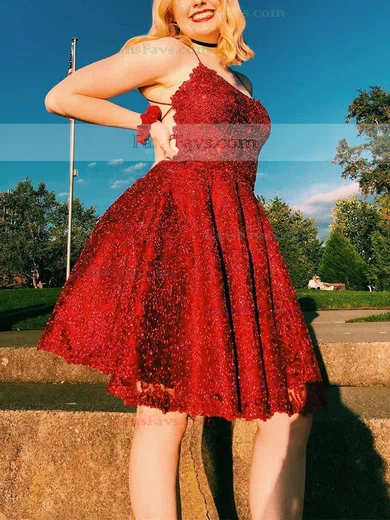 A-line Scoop Neck Tulle Lace Knee-length Homecoming Dresses With Appliques Lace #Favs020111401