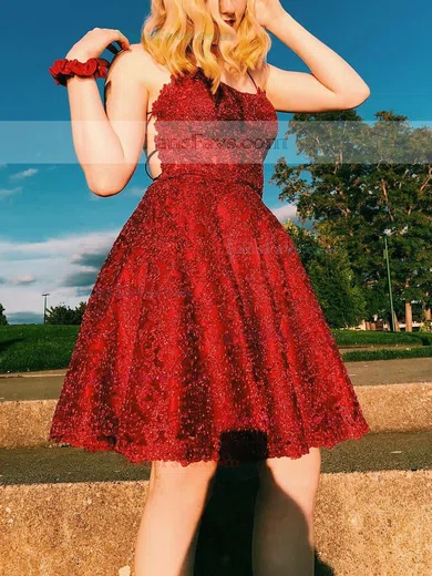 A-line Scoop Neck Tulle Lace Knee-length Homecoming Dresses With Appliques Lace #Favs020111401