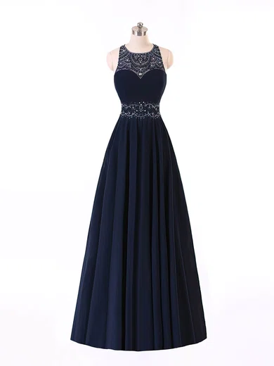 Princess Scoop Neck Chiffon Sweep Train Beading Prom Dresses #Favs020101686