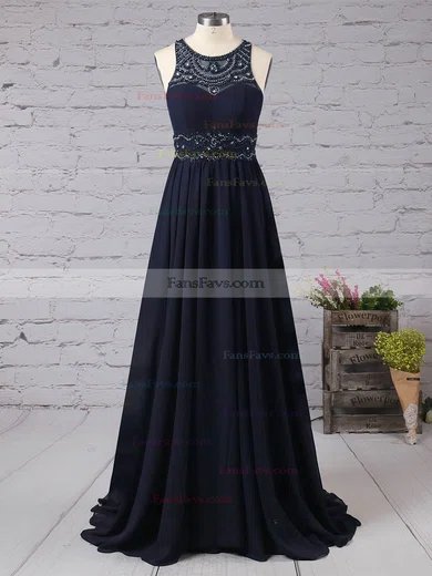 Princess Scoop Neck Chiffon Sweep Train Beading Prom Dresses #Favs020101686