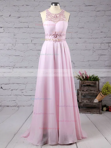 Princess Scoop Neck Chiffon Sweep Train Beading Prom Dresses #Favs020101686