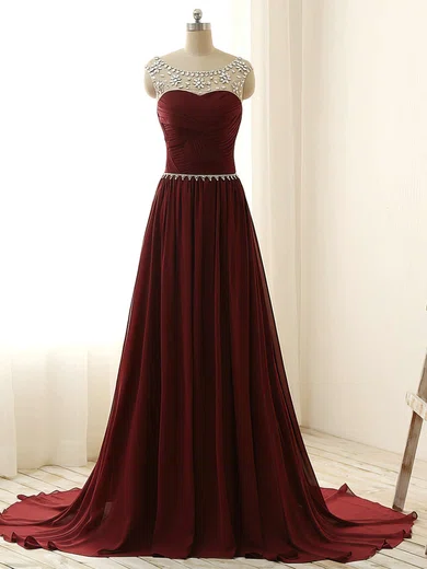 A-line Scoop Neck Chiffon Sweep Train Beading Prom Dresses #Favs020101794