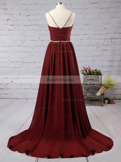 A-line Scoop Neck Chiffon Sweep Train Beading Prom Dresses #Favs020101794
