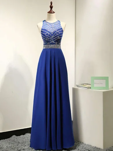 A-line Scoop Neck Chiffon Floor-length Beading Prom Dresses #Favs020101838