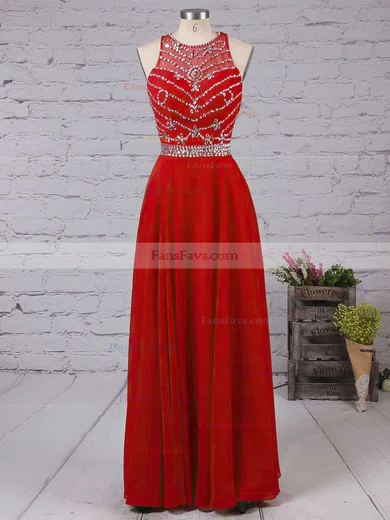A-line Scoop Neck Chiffon Floor-length Beading Prom Dresses #Favs020101838