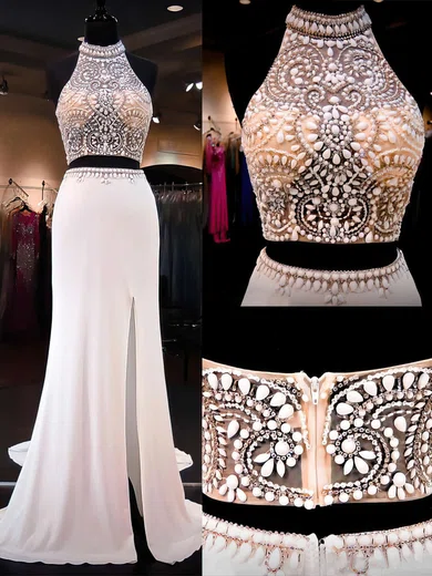 Sheath/Column Halter Chiffon Sweep Train Beading Prom Dresses #Favs020101849