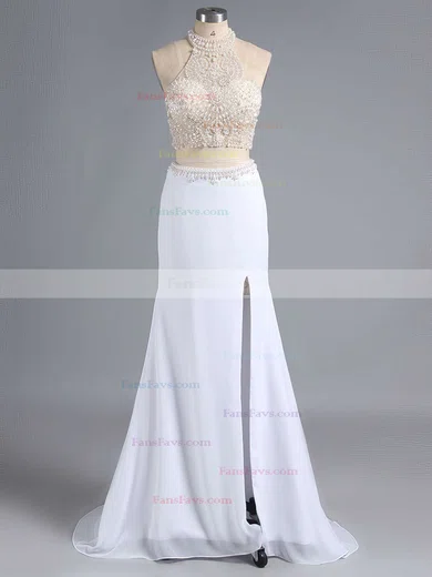 Sheath/Column Halter Chiffon Sweep Train Beading Prom Dresses #Favs020101849