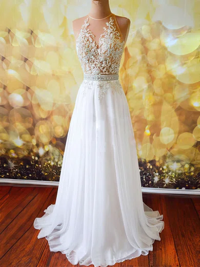 A-line Scoop Neck Chiffon Sweep Train Beading Prom Dresses #Favs020102042