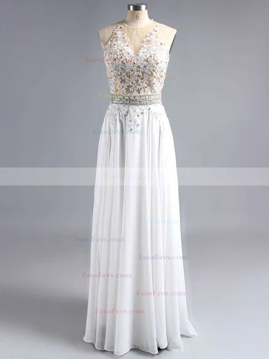 A-line Scoop Neck Chiffon Sweep Train Beading Prom Dresses #Favs020102042