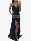 A-line Halter Silk-like Satin Floor-length Split Front Prom Dresses #Favs020104588
