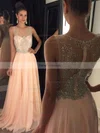 A-line Scoop Neck Chiffon Sweep Train Beading Prom Dresses #Favs020102320