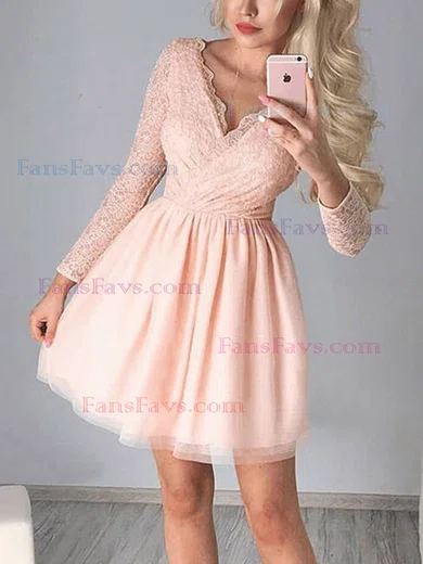 A-line V-neck Tulle Short/Mini Homecoming Dresses With Lace #Favs020111292