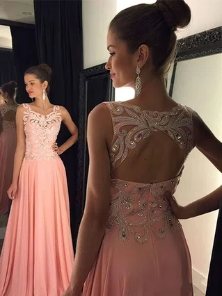 A-line Scoop Neck Chiffon Sweep Train Appliques Lace Prom Dresses #Favs020102395 A-line Scoop Neck Chiffon Sweep Train Appliques Lace Prom Dresses #Favs020102395