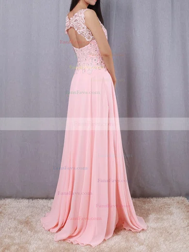 A-line Scoop Neck Chiffon Sweep Train Appliques Lace Prom Dresses #Favs020102395