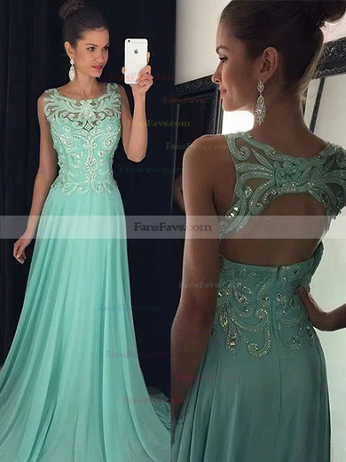 A-line Scoop Neck Chiffon Sweep Train Appliques Lace Prom Dresses #Favs020102395