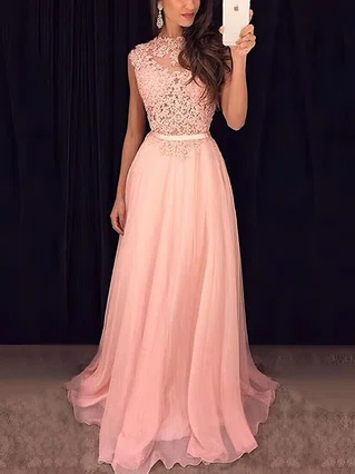 A-line Scoop Neck Chiffon Sweep Train Appliques Lace Prom Dresses #Favs020102396 A-line Scoop Neck Chiffon Sweep Train Appliques Lace Prom Dresses #Favs020102396