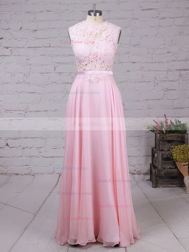 A-line Scoop Neck Chiffon Sweep Train Appliques Lace Prom Dresses #Favs020102396