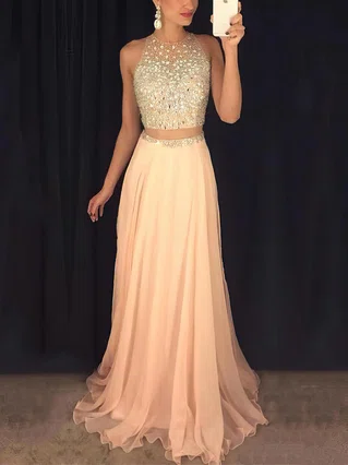 A-line Scoop Neck Tulle Chiffon Sweep Train Beading Prom Dresses #Favs020102442