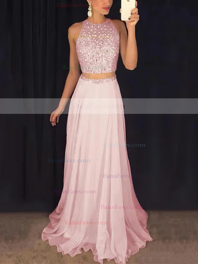 A-line Scoop Neck Tulle Chiffon Sweep Train Beading Prom Dresses #Favs020102442