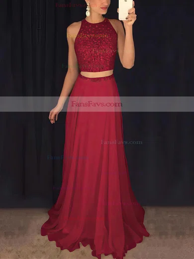 A-line Scoop Neck Tulle Chiffon Sweep Train Beading Prom Dresses #Favs020102442