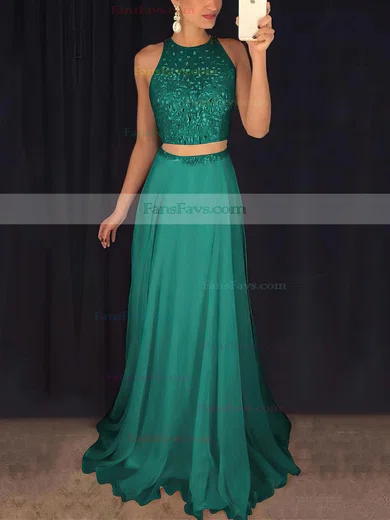 A-line Scoop Neck Tulle Chiffon Sweep Train Beading Prom Dresses #Favs020102442