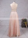 A-line Scoop Neck Tulle Chiffon Sweep Train Beading Prom Dresses #Favs020102442