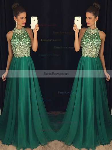 A-line High Neck Chiffon Sweep Train Beading Prom Dresses #Favs020102445