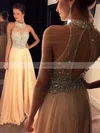 A-line High Neck Chiffon Sweep Train Beading Prom Dresses #Favs020102445
