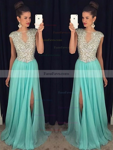 A-line Scoop Neck Chiffon Sweep Train Split Front Prom Dresses #Favs020102447